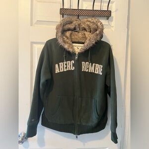 Vintage Abercrombie & Fitch Fur Hood Hoodie Womens S Green Full Zip Y2K Cozy